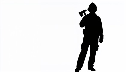 Firefighter silhouette holding axe against white background