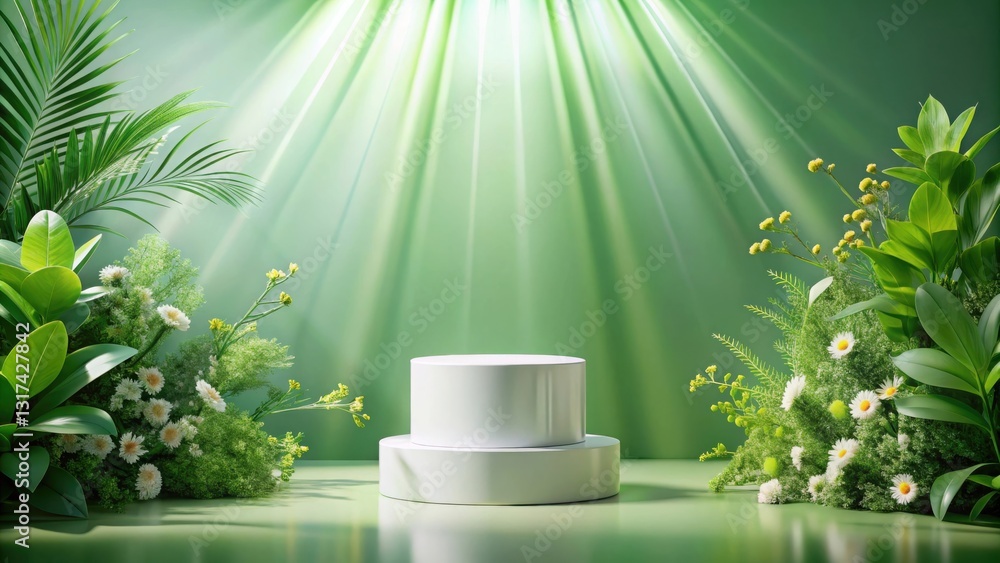 Aufkleber a pristine white cylindrical platform surrounded by vibrant green foliage, bathed in the soft glow o