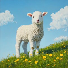 Fototapeta premium White lamb standing in a bright green field.