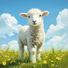 Fototapeta premium White lamb standing in a bright green field.