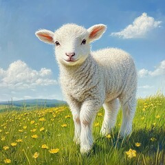 Fototapeta premium White lamb standing in a bright green field.