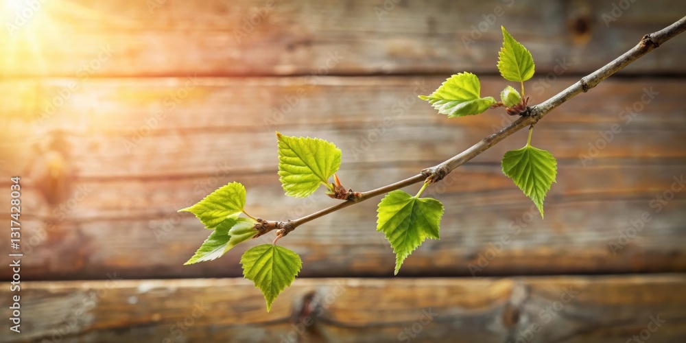 Poster a new life emerging from a tree branch with a blurred wooden background, symbolizing growth and rene