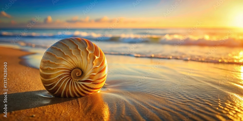 Poster a pearly nautilus shell sits on the golden sand at the edge of the ocean, reflecting the warm glow o