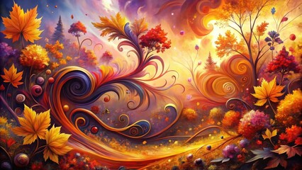 A vibrant tapestry of autumnal hues, showcasing swirling patterns, cascading leaves, and whimsical floral motifs.