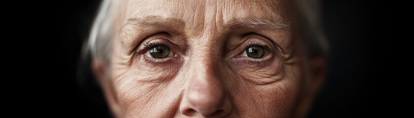 Obraz premium An elderly woman's face, rendered in charcoal, showcases deep wrinkles and emotive eyes, telling a story of endurance. Fine details emphasize depth and realism