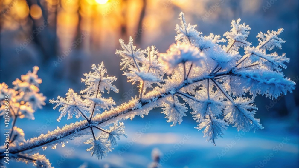 Poster A delicate branch adorned with frost crystals shimmers in the soft glow of the setting sun, casting an ethereal spell over the winter landscape.