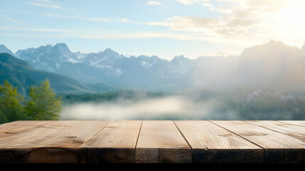 Empty Wooden Table With Misty Mountain View At Sunrise In European Alps Ideal For Product Placement