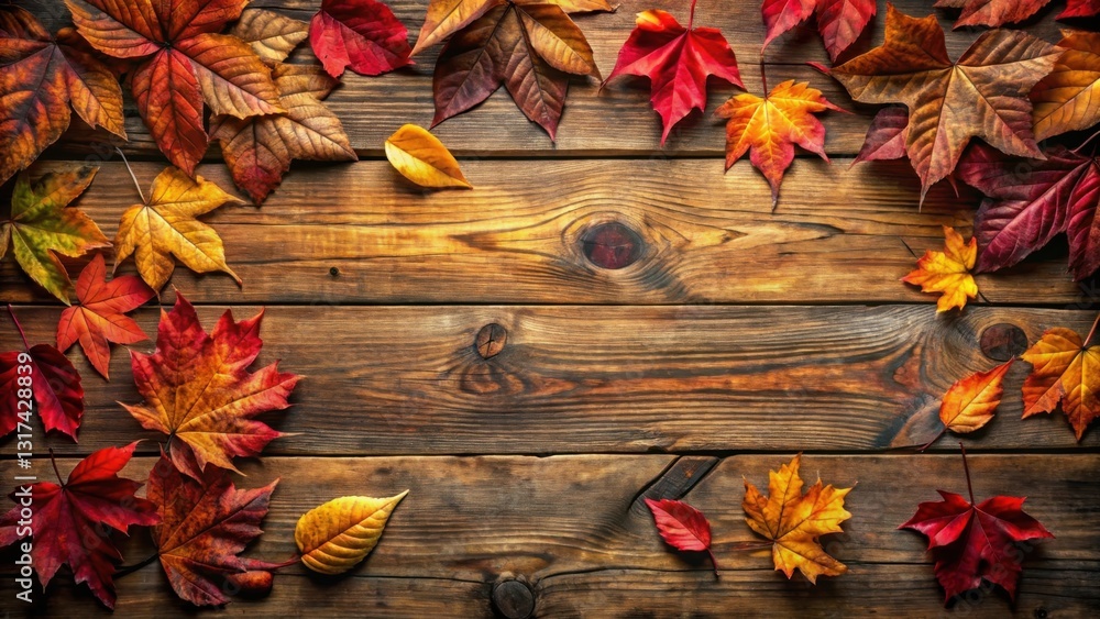 Poster autumn leaves scattered on a rustic wooden surface, creating a natural frame for seasonal greetings 