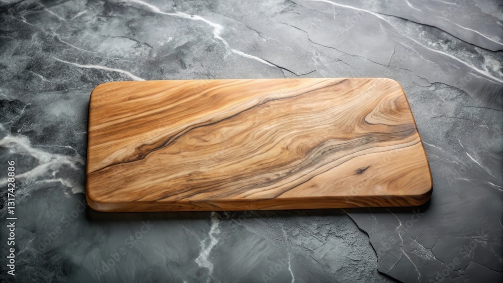 Poster a rustic wooden cutting board with a natural grain pattern rests on a dark marble surface, creating 
