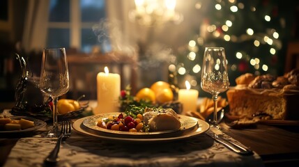 Festive holiday dinner setting with delicious food and glowing candlelight.