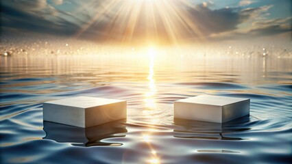 Two White Cubes Floating on a Calm Blue Water Surface with a Warm Sunset and Sparkling Water in the Background