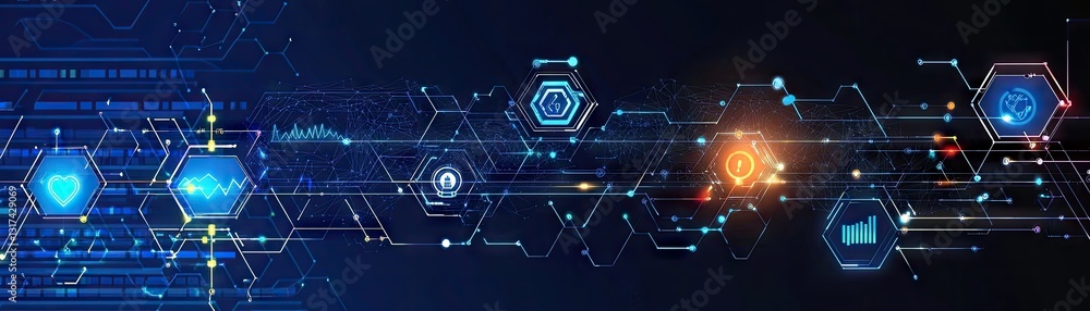 Poster digital network data flow, glowing hexagons, tech background