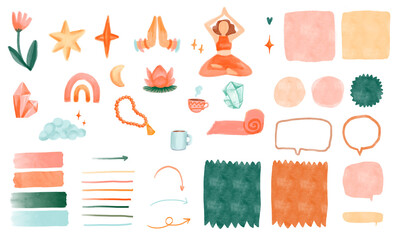 Fototapeta premium Watercolor Boho Yoga Yogui Doodles Set for Daily Planners – Cute Girly & Aesthetic Stickers, Notebook Sheets, Arrows & Self-Care Elements with Soft Watercolor Textures for Journal Digital Planning