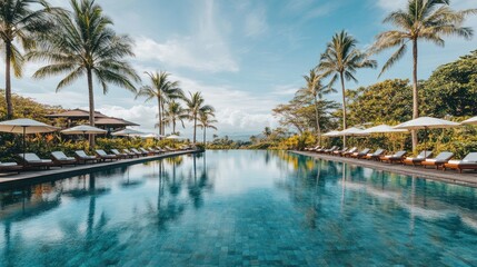 Fototapeta premium Luxury Resort Infinity Pool with Palm Trees and Ocean View
