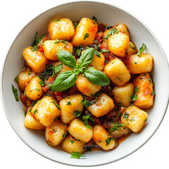A Bowl of Italian Gnocchi Soft Potato Dumplings with Tomatoes and Herbs Isolated on Transparent Background