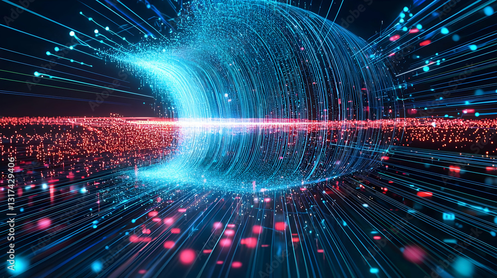 Aufkleber abstract futuristic digital data stream with glowing blue and red particles in cyberspace