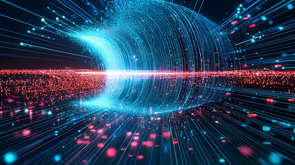Fototapeta premium Abstract Futuristic Digital Data Stream With Glowing Blue And Red Particles In Cyberspace