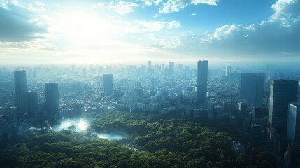A breathtaking aerial view of a sprawling city with urban skyline and lush greenery.