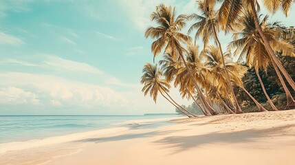 Obraz premium Serene Tropical Beach Paradise: Palm Trees, White Sand, and Turquoise Sea in Coastal Caribbean Vacation Destination.