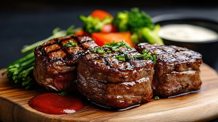  beautifully laid steak with fresh vegetables and sauces