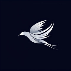 "A minimalist flying bird logo, sleek and abstract wings, dynamic and elegant flow, silver and dark blue colors, modern branding