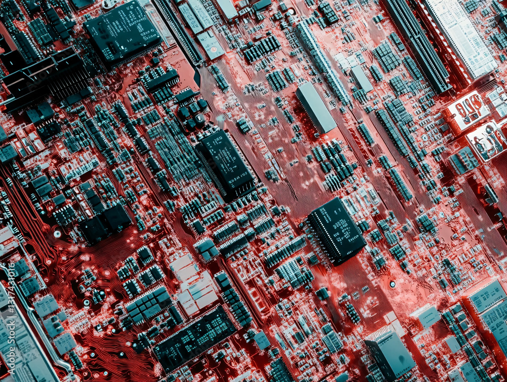 Poster a close-up of a red circuit board with intricate microchips and electronic components symbolizing ad