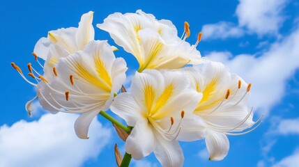 Fototapeta premium Close up view of four white flowers with yellow centers against a bright blue sky with fluffy white clouds. The image is sharply focused on the flowers, showcasing their delicate details.