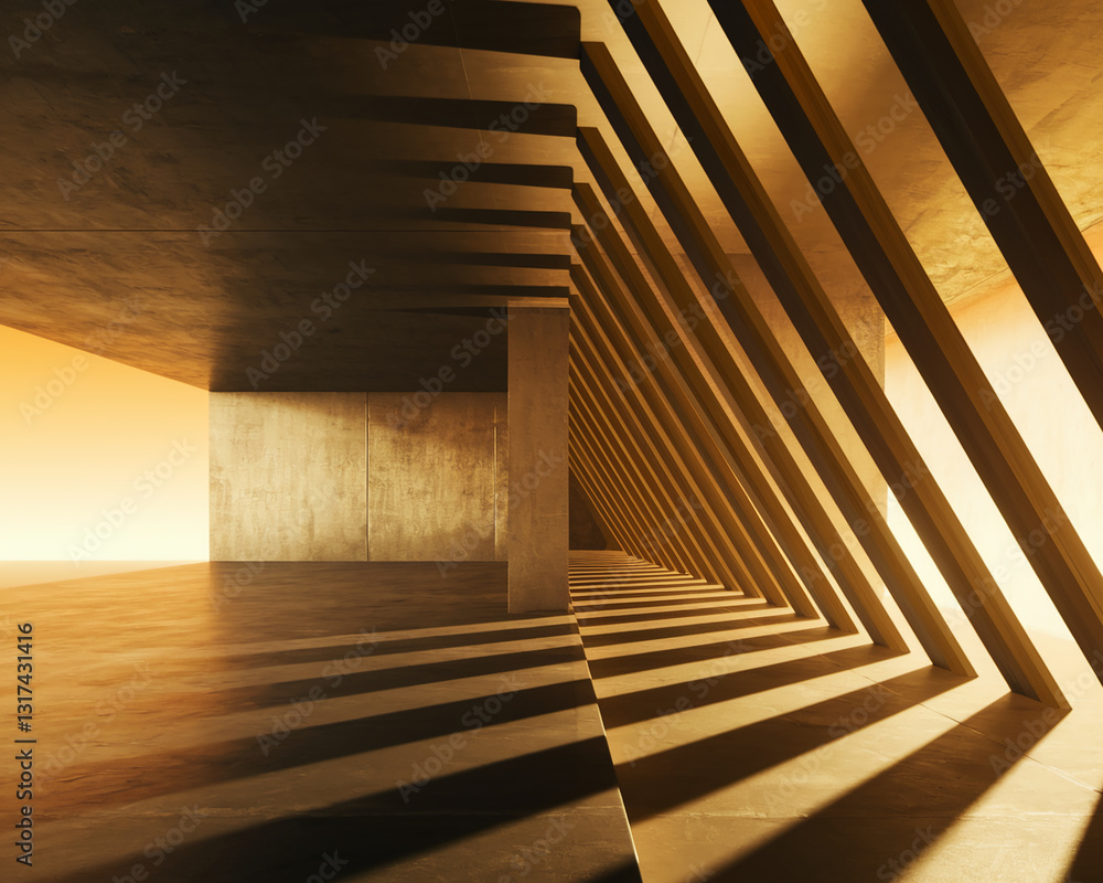 Fototapete abstract image of minimalist interior showcasing geometric structure with concrete walls and wooden 