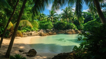 Fototapeta premium Secluded Tropical Beach Paradise with Turquoise Water and Lush Vegetation