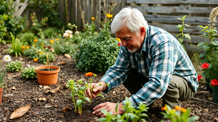 Fototapeta premium Mature man planting in garden