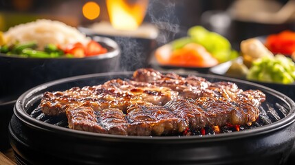 Japanese yakiniku grill on stove with sizzling meat