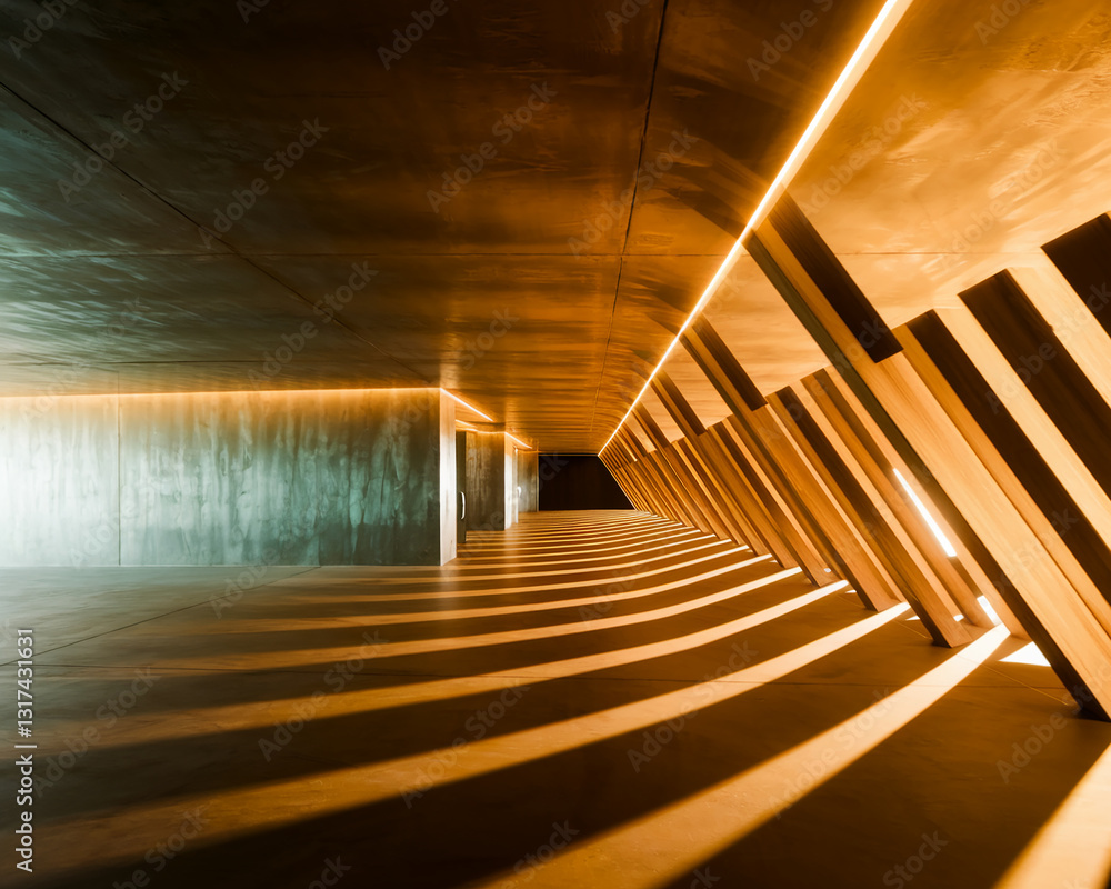 Poster abstract architectural interior with warm-toned wood and concrete featuring geometric pattern of lig
