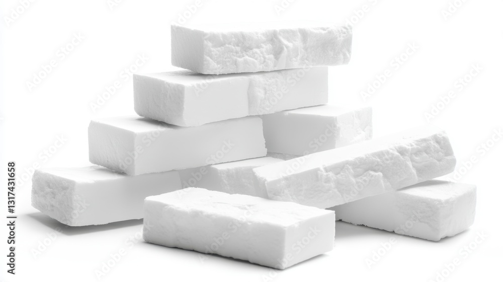 Poster a stack of white rectangular bricks with a rough texture, shown against a white background. the bric
