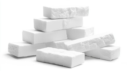 A stack of white rectangular bricks with a rough texture, shown against a white background. The bricks are arranged in an irregular, slightly haphazard pile.