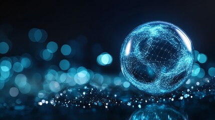 A glowing 3D globe with interconnected lines amidst a bokeh background.