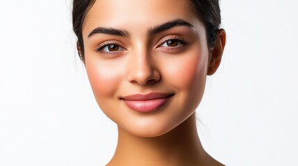 Obraz premium pretty Indian woman with gentle smile, clean clear facial skin, white background, all hair pull back