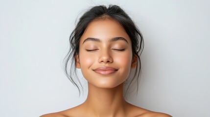pretty Indian woman with gentle smile with eyes close, clean clear facial skin, white background, all hair pull back