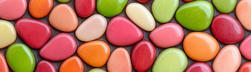 Obraz premium A vibrant assortment of smooth, colorful pebbles arranged closely together, showcasing a variety of shapes and hues.