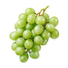 Bunch of fresh green grapes with smooth surface and slight shine, isolated on a white transparent background.