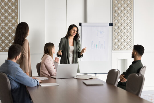 Seminar participants listening young Mexican female speaking, presenting new project, explain details and point, making flip chart presentation, provide information to staff during education workshop