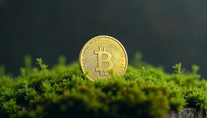 Bitcoin Coin on Green Moss Symbolizes Digital Innovation in Nature