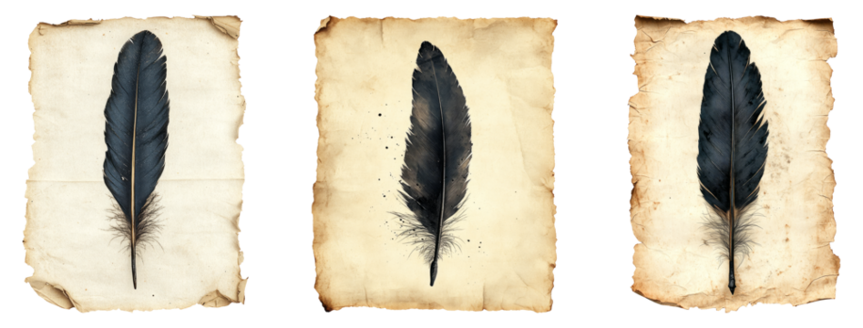 Isolated Black Feather on Aged Paper Background with Transparency