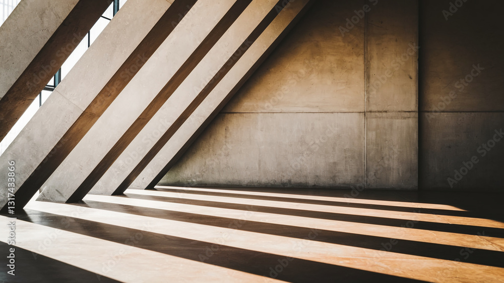 Poster geometric concrete structure with angled beams casting shadows on floor, creating abstract lines and