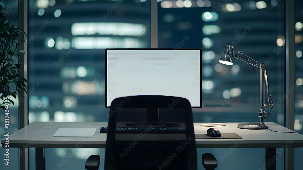 Poster empty office desk at night with blank computer screen and city view through window