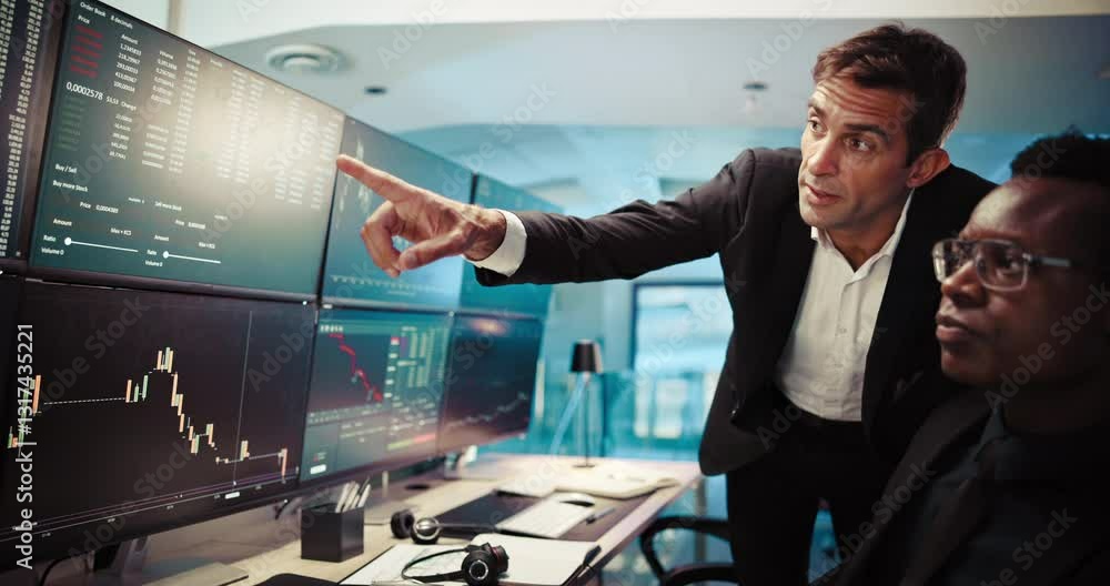 Poster men, team and computer screen for stock market, graphs and discussion with stats, analysis or review