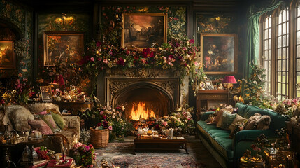 Cozy Christmas living room fireplace, floral decorations, winter garden view. Festive home interior for holiday cards
