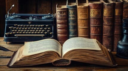 Obraz premium Vintage composition featuring antique typewriter, open book, and aged leather bound books