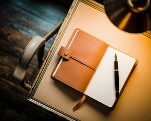 Leather notebook and fountain pen rest on a pale surface, showcasing elegance and simplicity, representing productivity, writing, and journaling