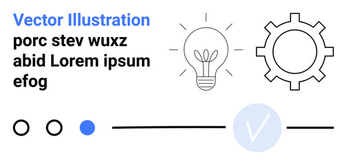 Light bulb and gear icon with accompanying text blocks, progress indicators, and check mark. Ideal for technology, innovation, progress, design, automation efficiency business strategy. Landing