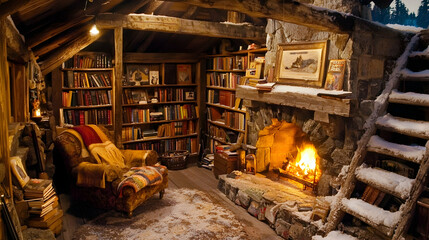 Cozy mountain cabin library with fireplace, books, and armchair; winter scene, ideal for relaxation and reading